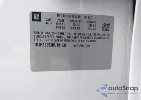 2017 Chevrolet Volt Lt z USA, uszkodzony, nr VIN 1G1RA6S53HU191930